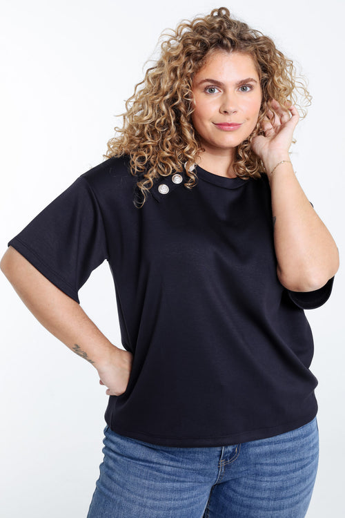 T-shirt uni avec boutons décoratifs-Paprika-1