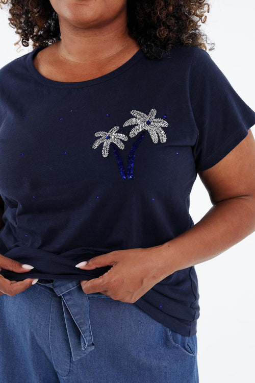T-shirt van katoen met palmbomen in pailletten-Paprika-4