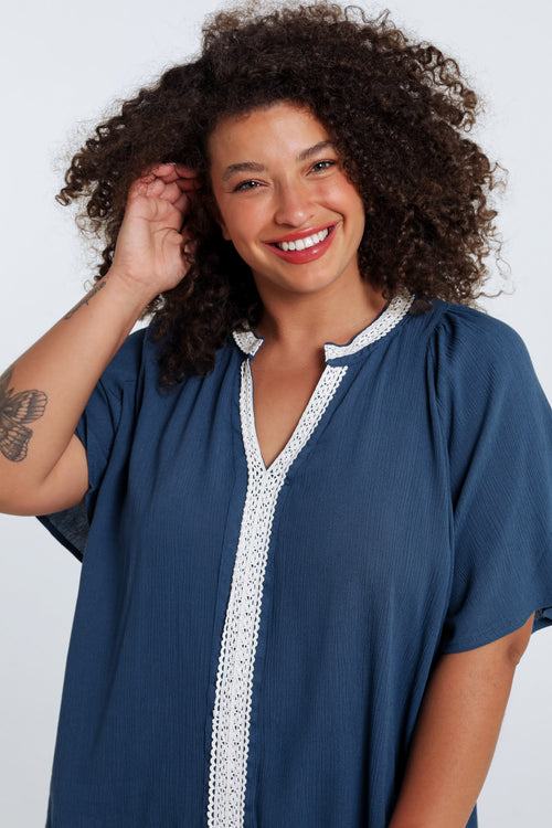 Effen viscose blouse met macramé-Paprika-3
