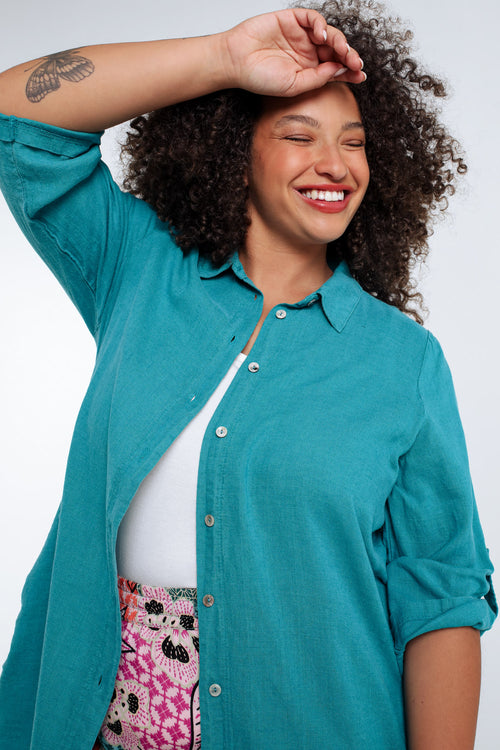Effen lange linnen en viscose blouse-Paprika-3