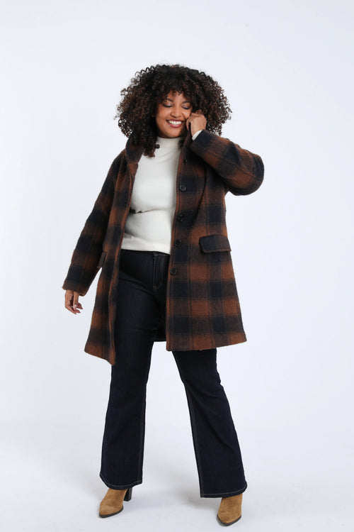 Wollen mantel met ruitpatroon en capuchon-Paprika-8