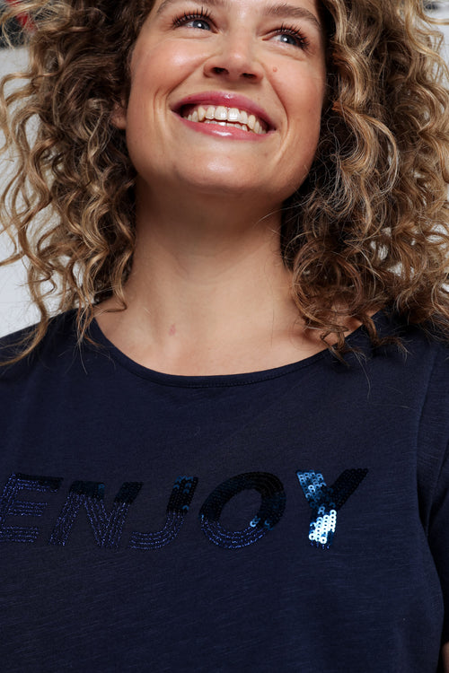 T-shirt uni avec broderie Enjoy et sequins-Paprika-5
