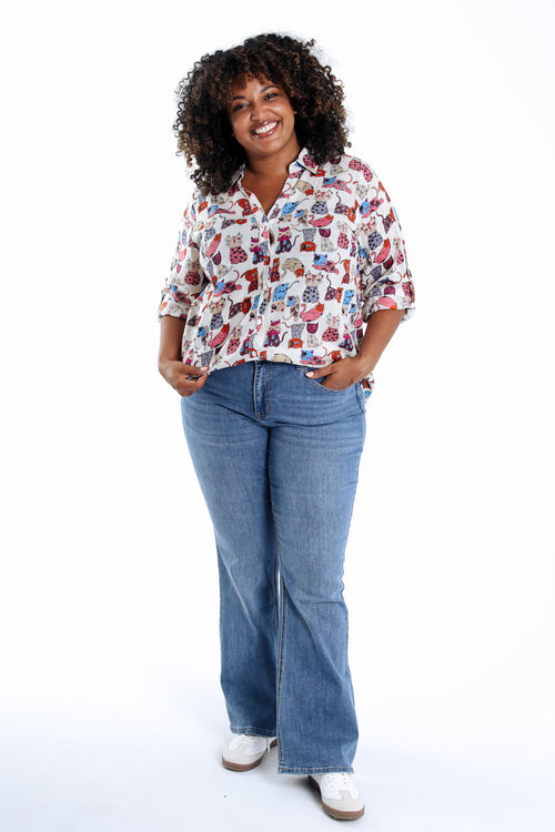 Blouse van katoen met kattenprint-Paprika-8