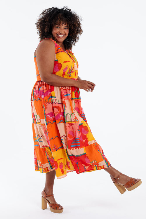 Robe en coton imprimé patch tropical-Paprika-9