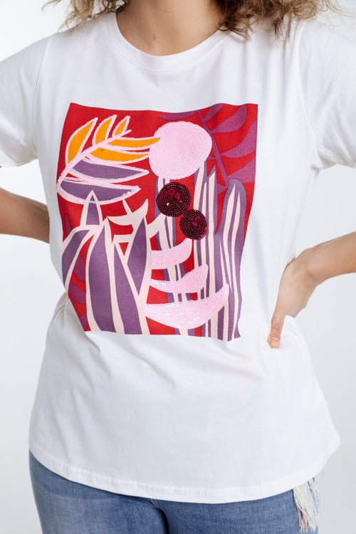 Katoenen T-shirt met gekleurde print en pailletten-Paprika-6