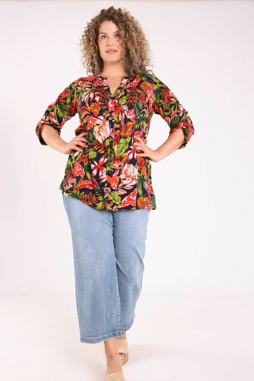 Lange tuniek van viscose met bloemenprint en pailletten-Paprika-8