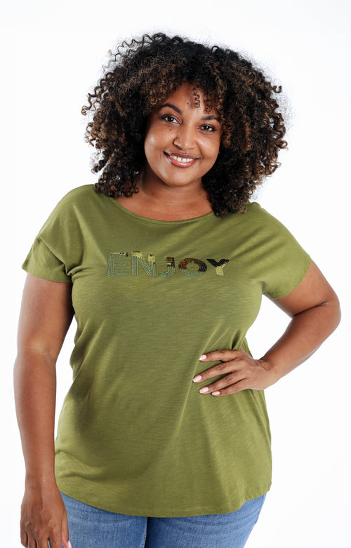 Effen katoenen T-shirt Enjoy met pailletten-Paprika-1