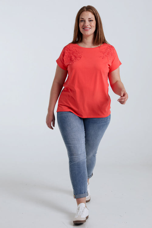 T-shirt en coton uni avec fleurs brodées-Paprika-9