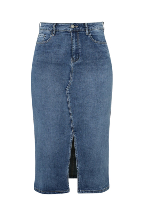 Halflange, effen rok met split vooraan en 5 zakken-Paprika-10