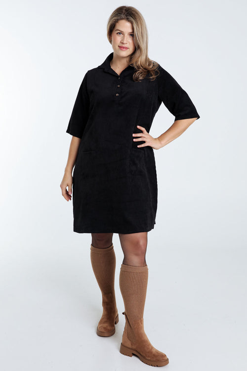 Korte, effen corduroy jurk met opgestikte zakken-Paprika-7