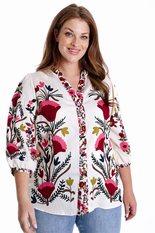 Chemisier en viscose imprimé fleurs folk-Paprika-1