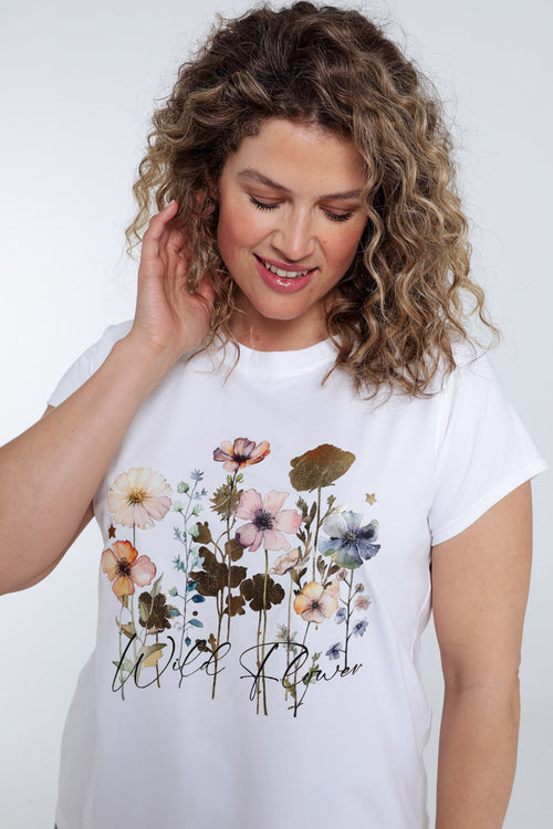 T-shirt en coton imprimé floral avec foil-Paprika-3
