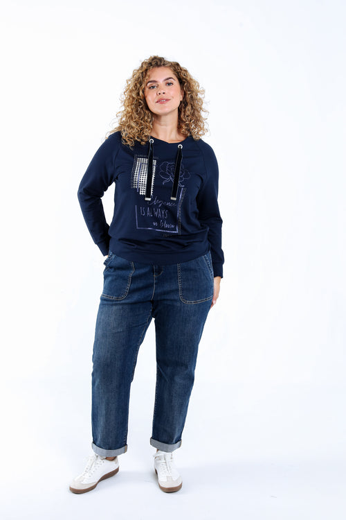Effen sweat van badstof met print en strass-steentjes-Paprika-7