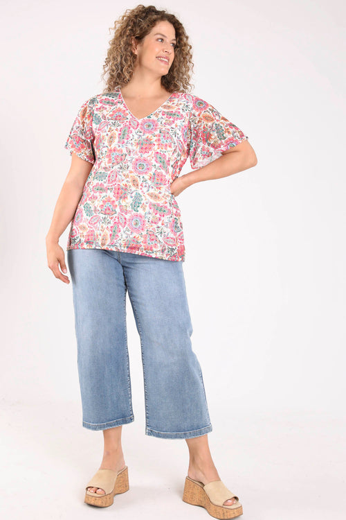 T-shirt van kant met print van Indiase bloemen-Paprika-7
