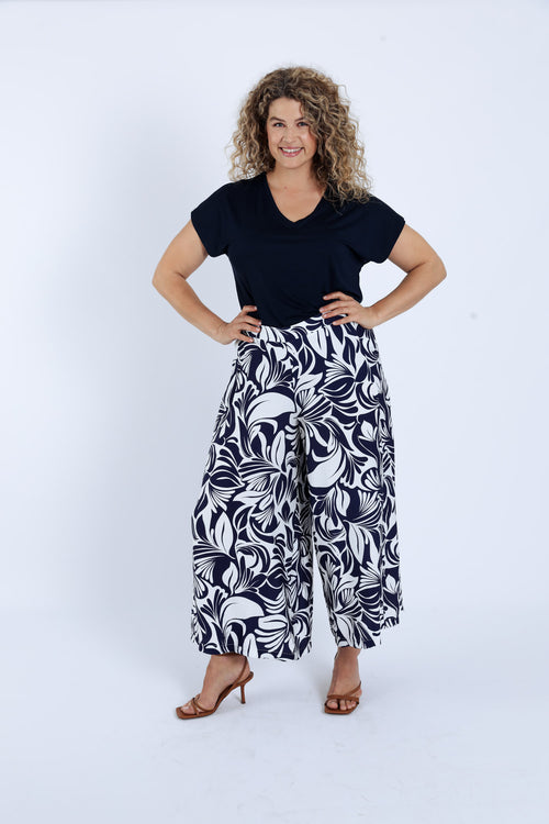 Pantalon large 7/8 en viscose imprimé floral bicolore-Paprika-7