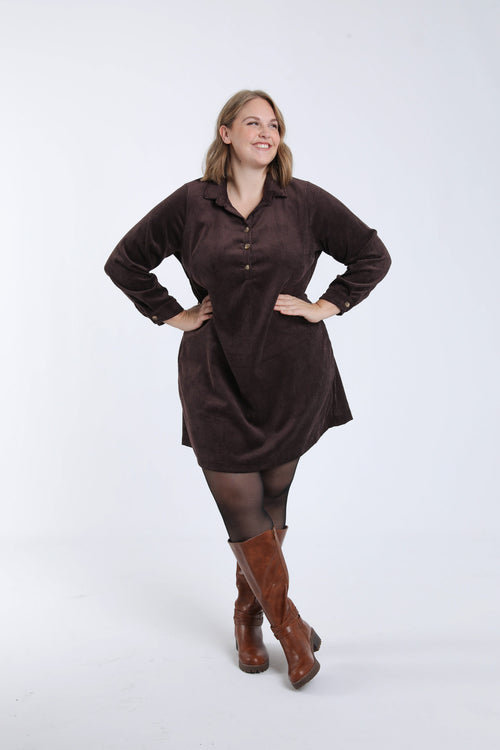 Effen korte jurk van ribfluweel-Paprika-1