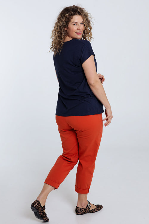 T-shirt uni avec broderie Enjoy et sequins-Paprika-2