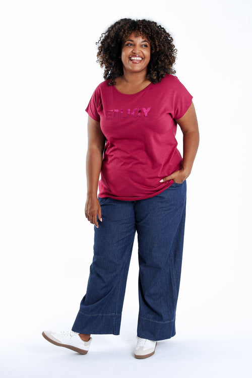 Effen katoenen T-shirt Enjoy met pailletten-Paprika-9