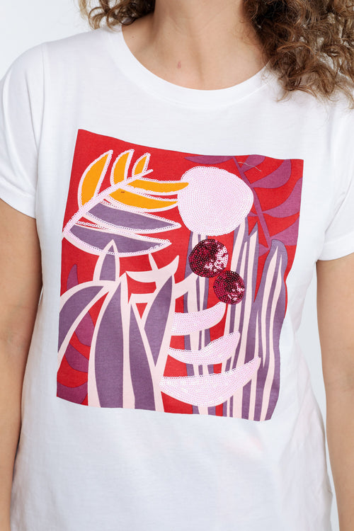 Katoenen T-shirt met gekleurde print en pailletten-Paprika-3