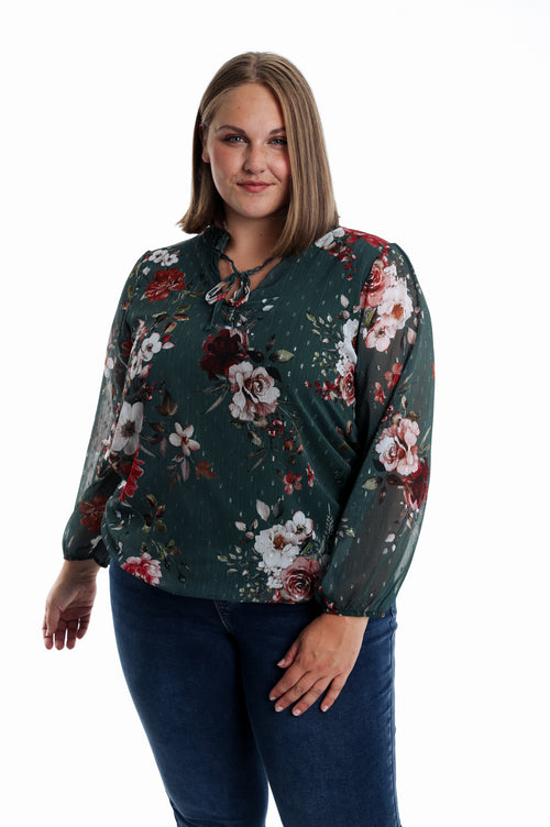 Blouse plumetis met bloemenprint-Paprika-1