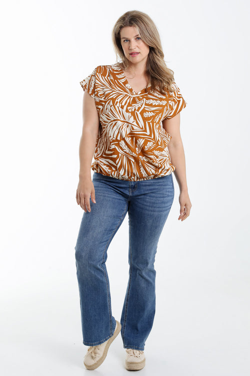 Blouse van bicolor bladprint viscose-Paprika-7