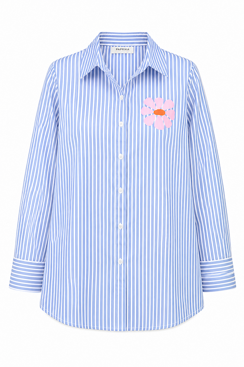 Chemisier en coton rayé avec imprimé fleuri-Paprika-2