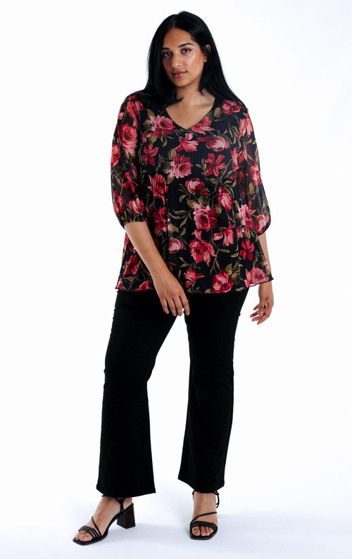 T-shirt met bloemenprint en mesh-Paprika-7
