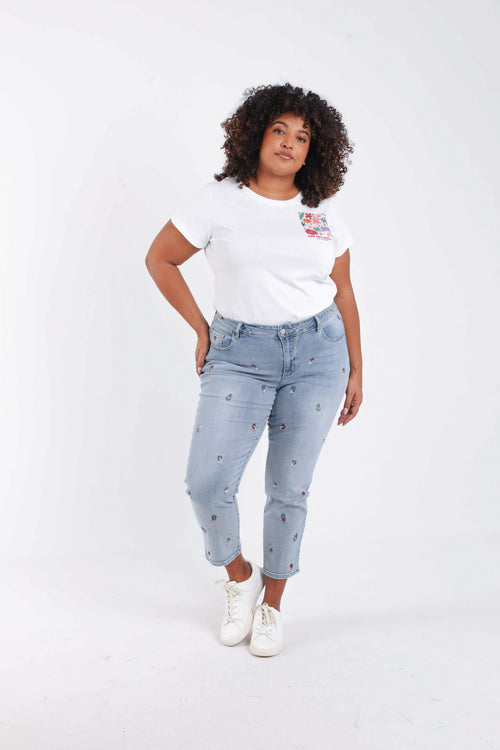 Jeans slim Louise 7/8 avec broderies fleurs-Paprika-7