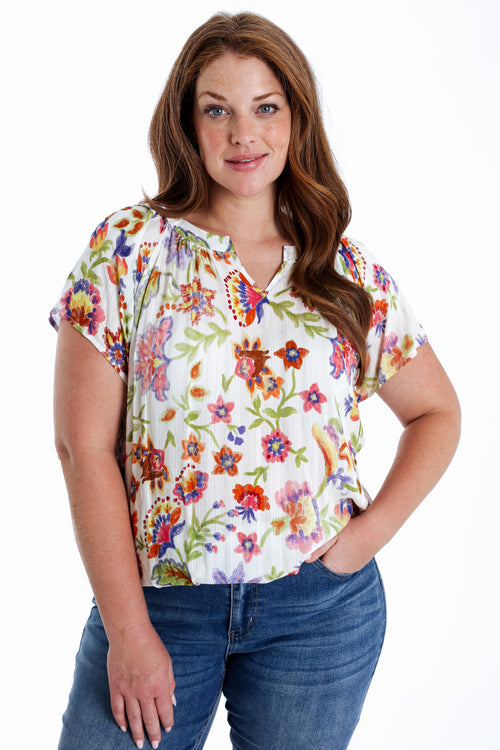 Blouse van viscose met bloemenprint en lurex-Paprika-1