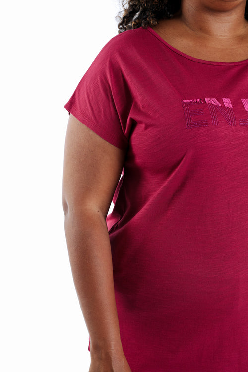 Effen katoenen T-shirt Enjoy met pailletten-Paprika-5