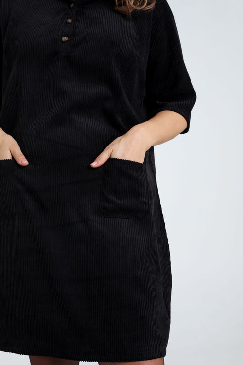 Korte, effen corduroy jurk met opgestikte zakken-Paprika-4