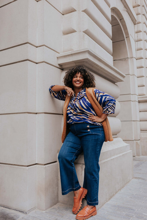 Effen kickflare palazzojeans met 6 gouden knopen-Paprika-1