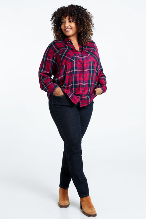 Lang, geruit hemd in viscose met lurex-Paprika-7