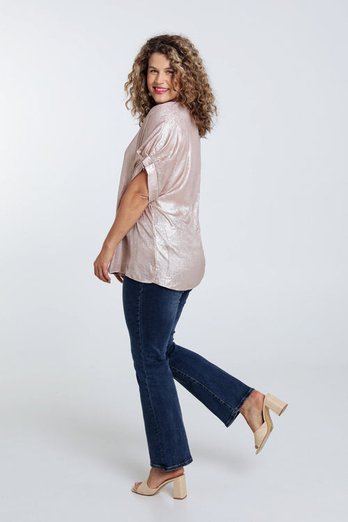 Effen, glanzende blouse met ballonmouwen-Paprika-2