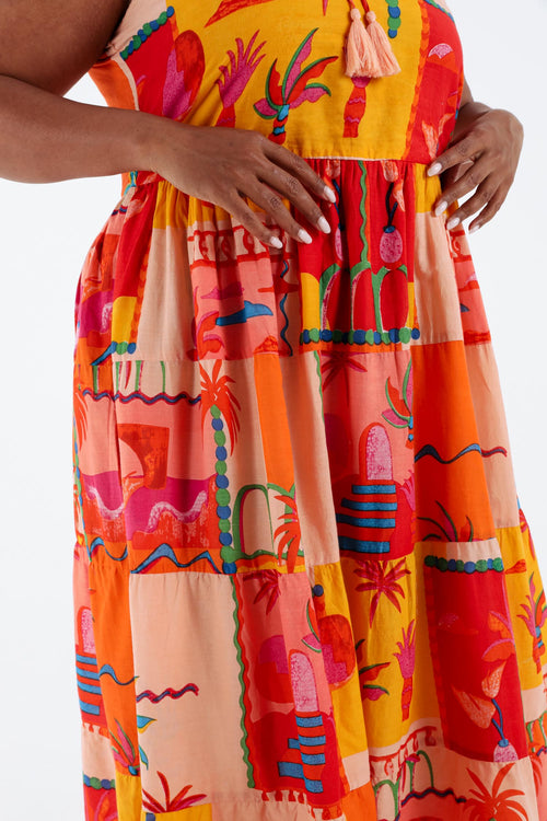 Robe en coton imprimé patch tropical-Paprika-4