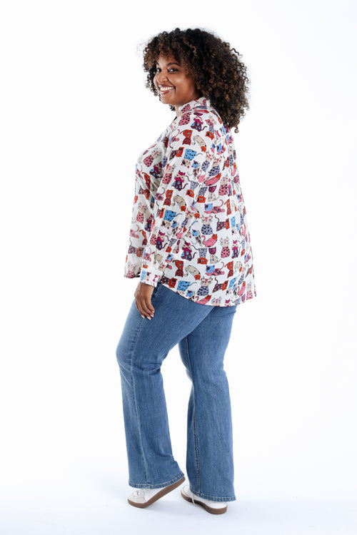 Blouse van katoen met kattenprint-Paprika-2