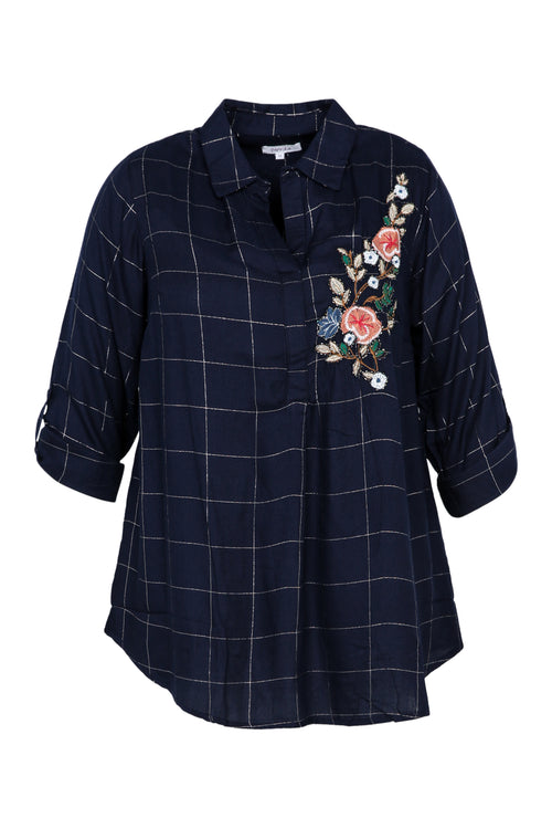 Lange, geruite blouse in viscose met borduurwerk-Paprika-11