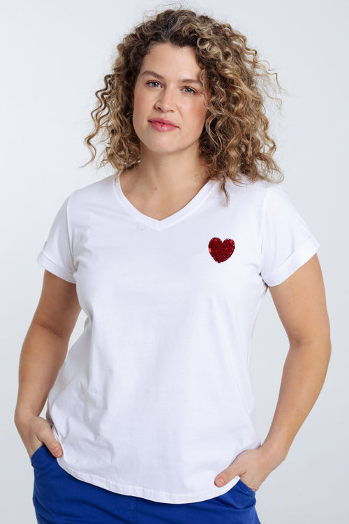 Effen katoenen T-shirt met hart van pailletten-Paprika-1