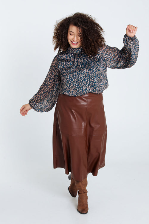 Jupe mi-longue unie en faux cuir-Paprika-10