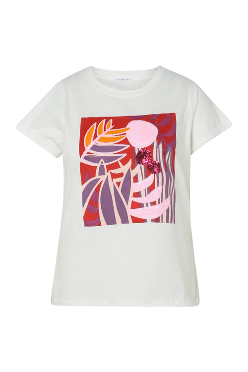 Katoenen T-shirt met gekleurde print en pailletten-Paprika-10