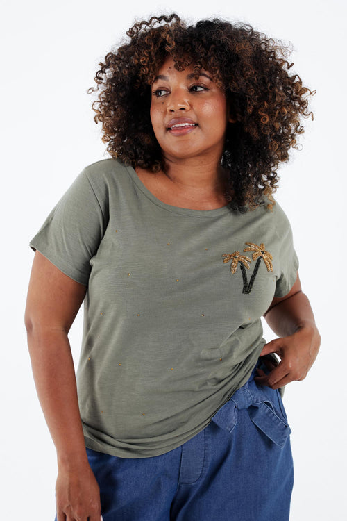 T-shirt en coton avec palmier en sequins-Paprika-3