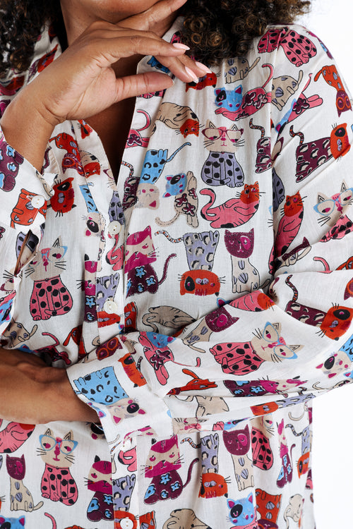 Blouse van katoen met kattenprint-Paprika-5