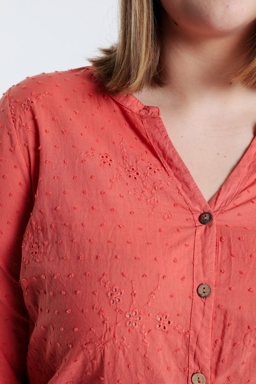 Blouse en coton unie broderies et plumetis-Paprika-4