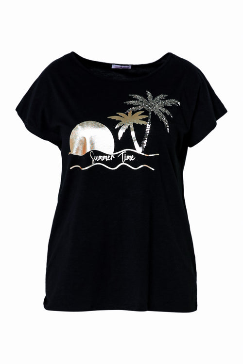 T-shirt van katoen met folieprint van palmbomen en pailletten-Paprika-10