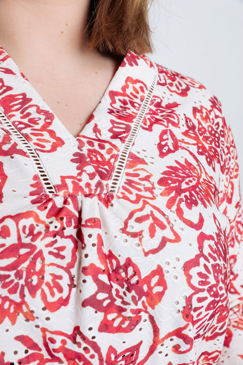 T-shirt brodé imprimé fleurs-Paprika-4