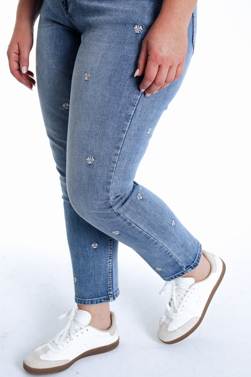 Louise 7/8 skinny jeans met klavermotieven borduursels-Paprika-5