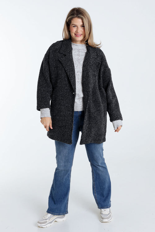 Korte, effen jas in gespikkelde stof met wol-Paprika-7