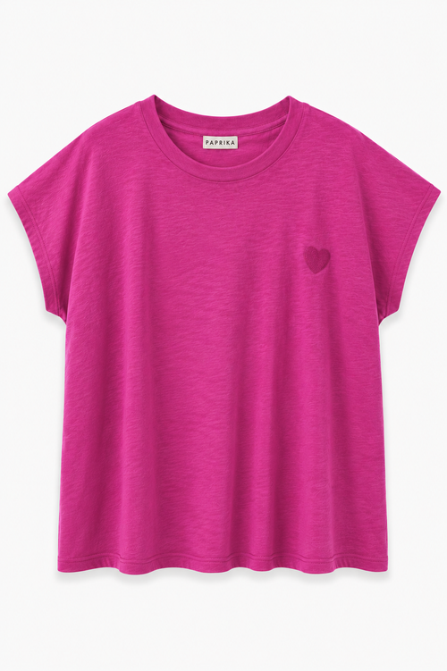 T-shirt en coton uni texturé + coeur brodé-Paprika-1