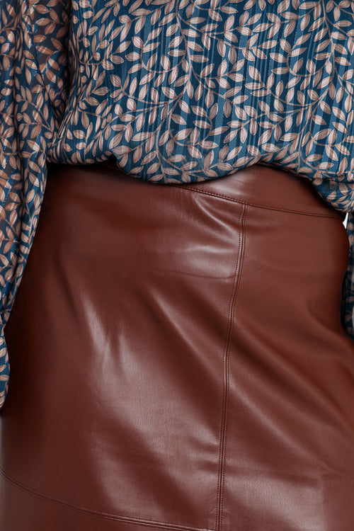 Jupe mi-longue unie en faux cuir-Paprika-7