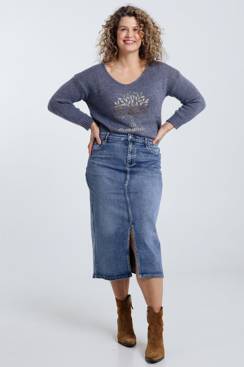 Halflange, effen rok met split vooraan en 5 zakken-Paprika-9